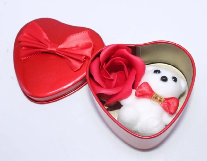 Heart Shaped Gift Box with Teddy Bear and Flowers, Metal, Birthday or Anniversary Present
