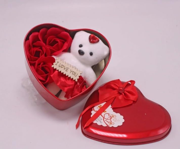 Heart Shaped Gift Box with Teddy Bear and Flowers, Metal, Birthday or Anniversary Present