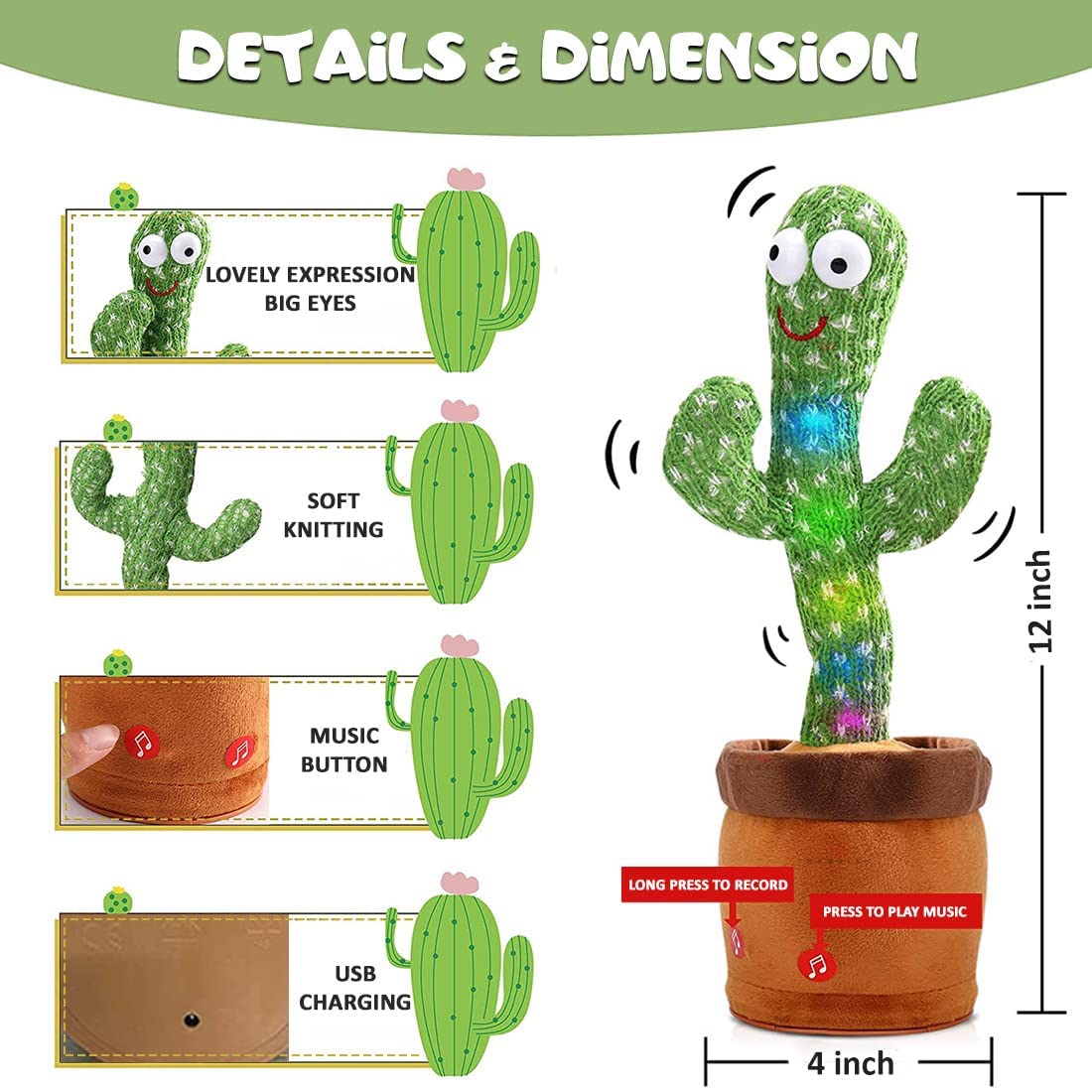 Toys Dancing Cactus Talking Toy For Baby Children Plush Toy Speaking Cactus Toys For Kids 1 2 3+ Year Old Boy Girl Voice Recording Repeats Funny Gift Interactive Electronic Toys - Green